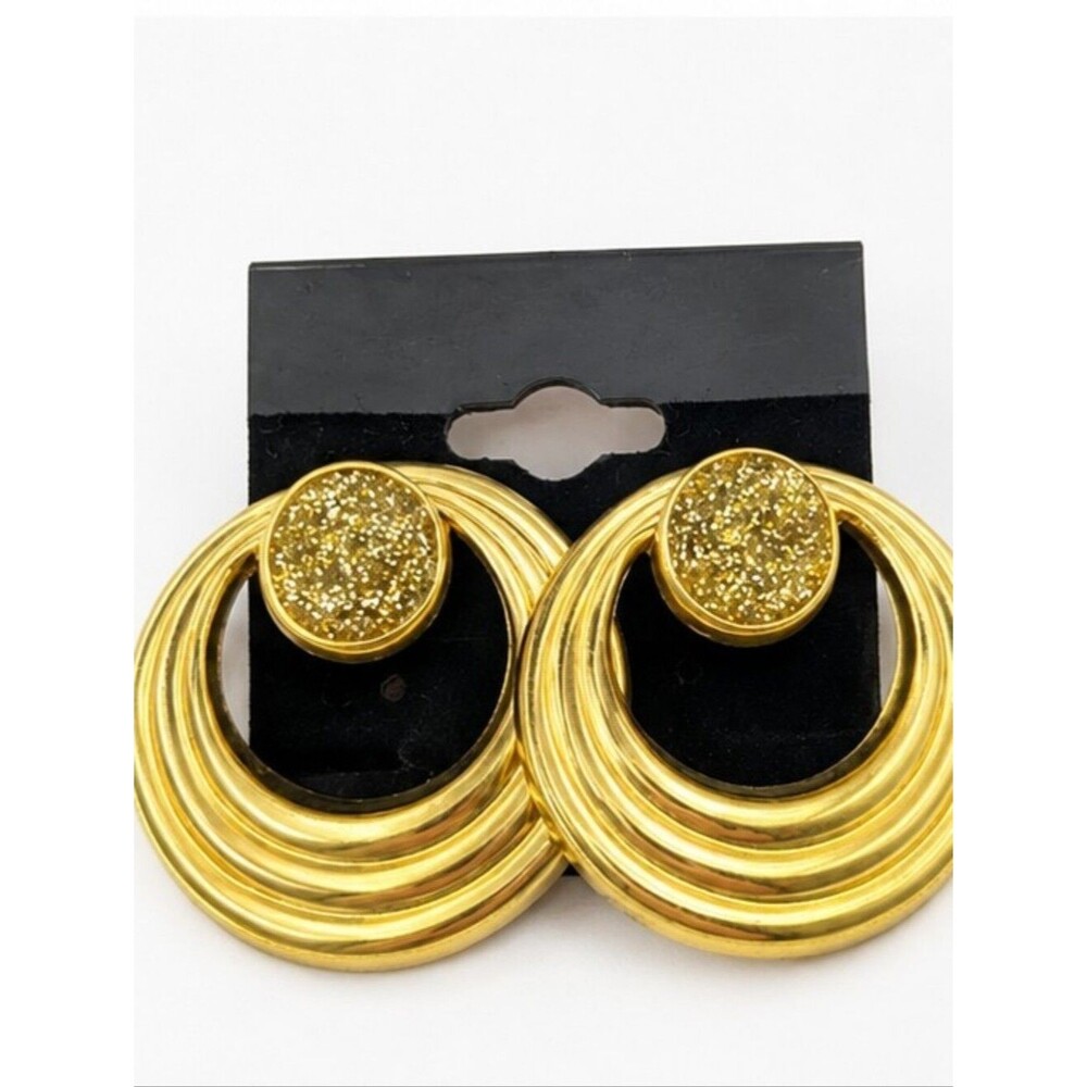 Vintage Y2K Gold Tone Faux Druzy Circle Stud Earrings NOS Statement Jewelry